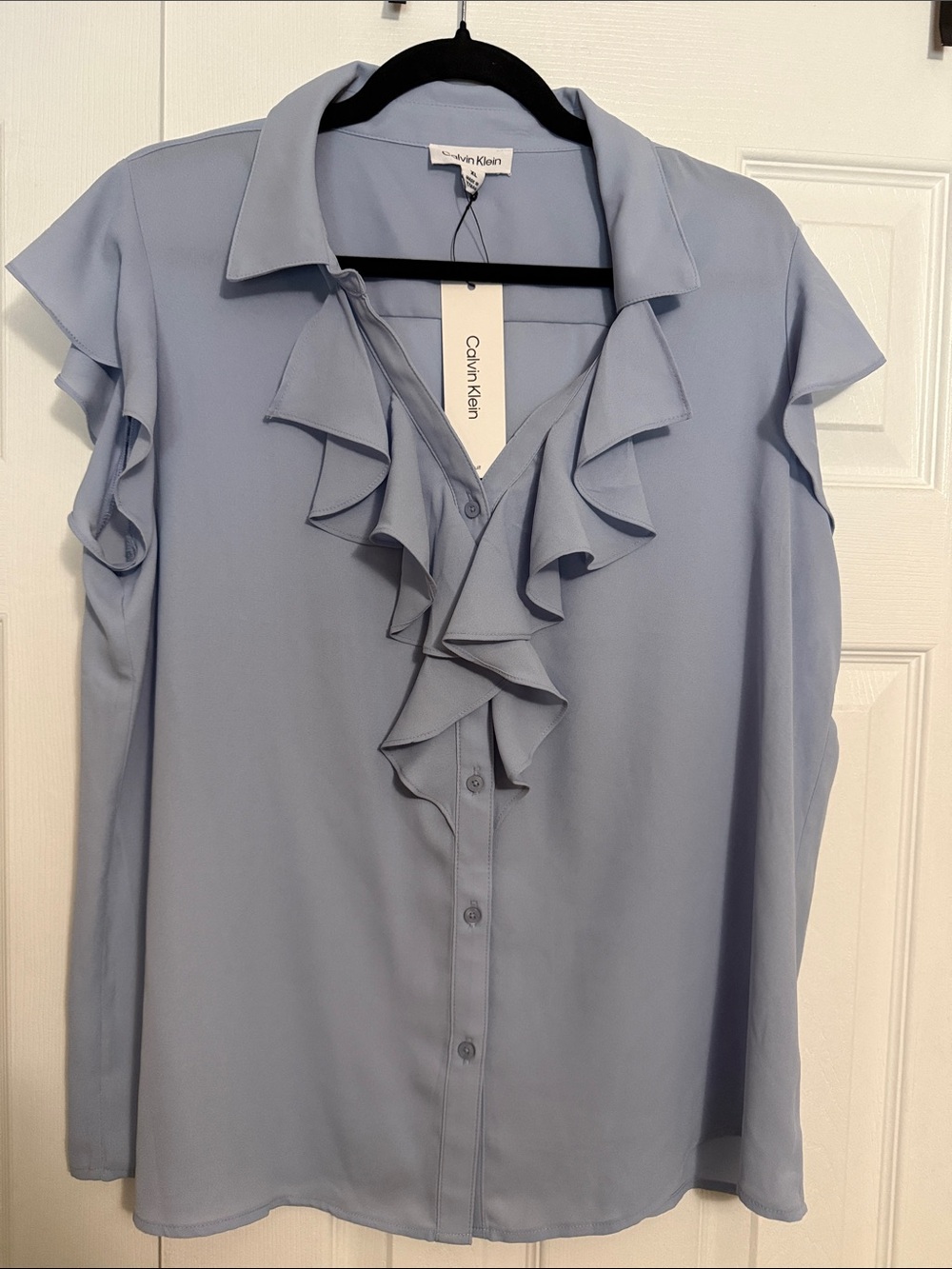 Calvin Klein Soft Blue Ruffle Button-Front Blouse